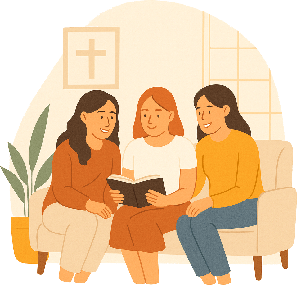 Three women sharing a Bible study on a couch